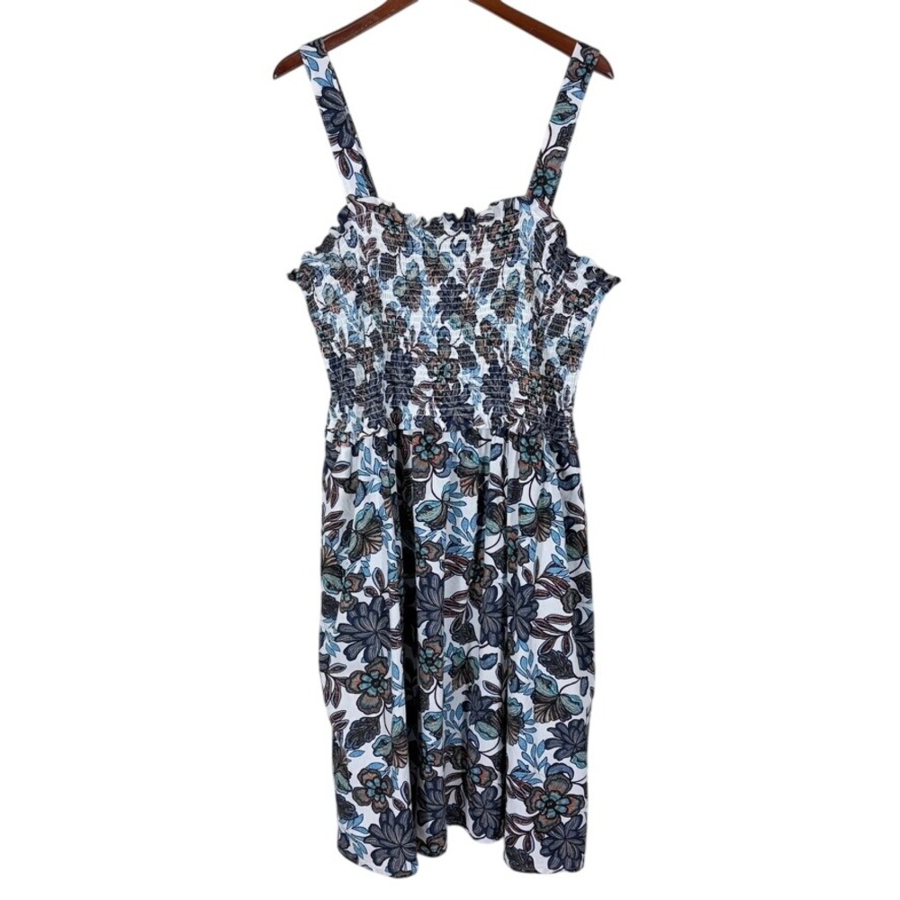 a.n.a Womens Floral Smocked Sundress 2XL Blue Brown Sleeveless Midi Casual Boho